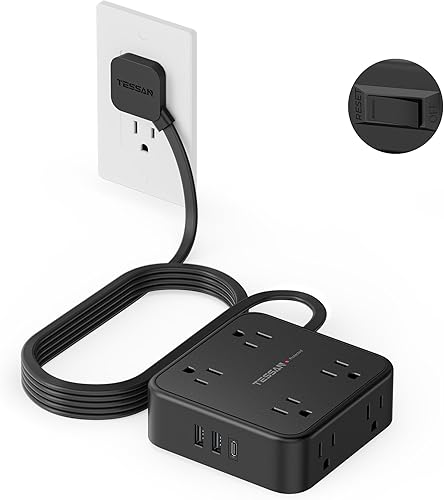 Miniatura 17 de Tessan Enchufe múltiple para sobretensión, 900 J, cable plano, 5 ft, 8 tomacorrientes, 3 puertos USB (1 USB C), extensor 3 lados, suministros de