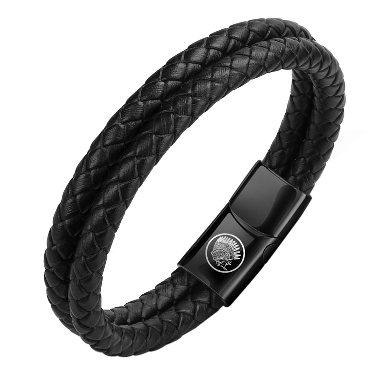 Mens Leather Bracelet – Classic Handmade Braided Black & Brown Cuff Bracelet with Engraved Magnetic Clasp Free Jewelry Gift Boxed