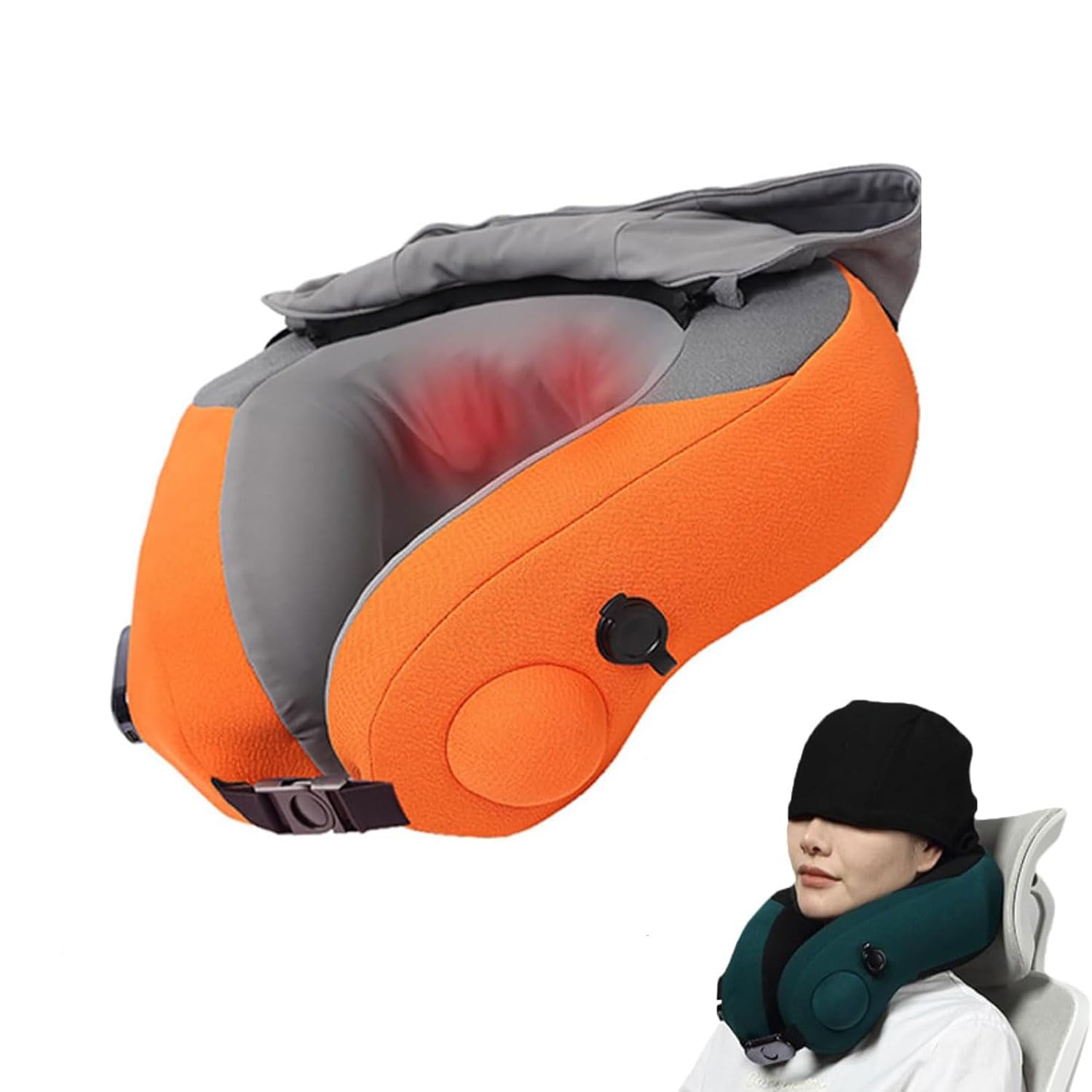 Travelzen Hooded Massage Pillow, Travel Zen Neck Pillow, Nackenkissen Flugzeug mit Kapuze, 3D-Dual-Core-Nackenmassagegerät mit Knetfunktion, Aufblasbares Reisekissen für Flugzeug, Auto, Zug (Orange)