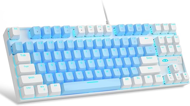 MageGee 75% Clavier de jeu mécanique, commutateur bleu, LED Bleu rétroéclairé, 87 Clés Compact TKL Claviers filaires pour ordinateur portable Windows PC Joueur - Bleu/Blanc
