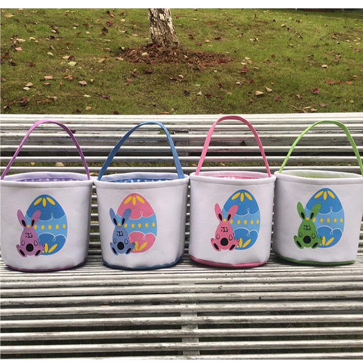 Image of Easter Bunny Basket Bag for Kids, Canvas Cotton Egg Hunt Tote with Rabbit Print, Bunny Gift Bag for Boys and Girls, Lightweight Reusable Candy and Egg Holder, Multiple Colors (Easter Bunny Basket - Pink)