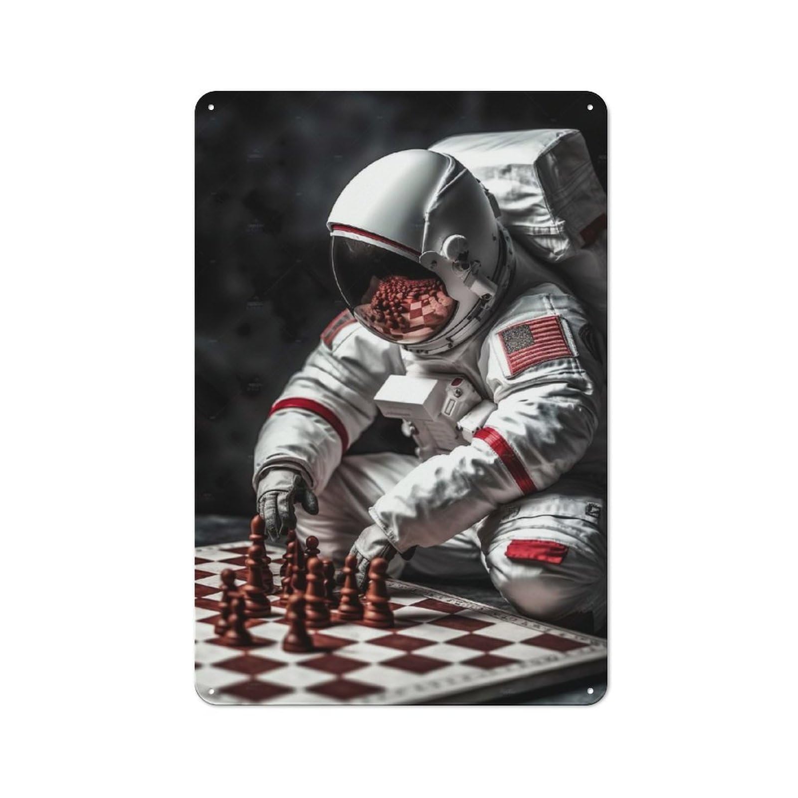 US Astronaut Playing Chess Retro Tin Sign 30x20cm for Guest Room Or Hallway, for Kitchen, Dining Room And Home Bar Wall Decor