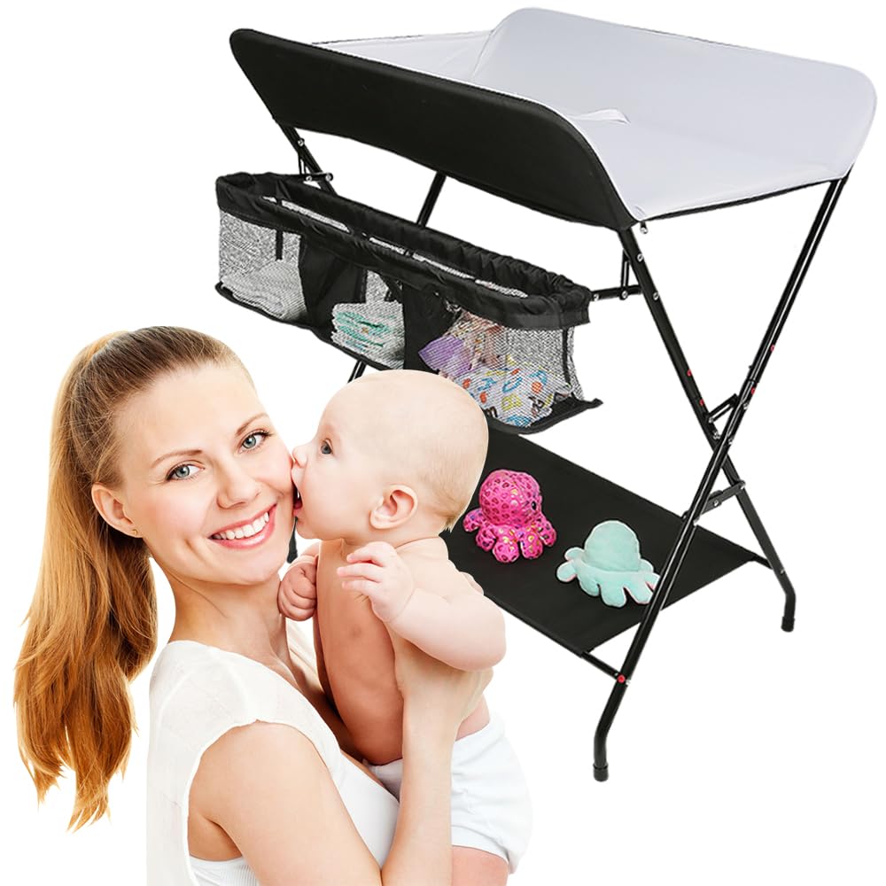homewell Wickeltisch, Baby Wickelkombi Faltbar Tragbar, Klappbare Wickelkommode mit Aufbewahrungskorb, Sicherheitsgurt und 4 Rollen, Platzsparend & Stabil, 79 * 55.5 * 96cm (Grau + Weiß)