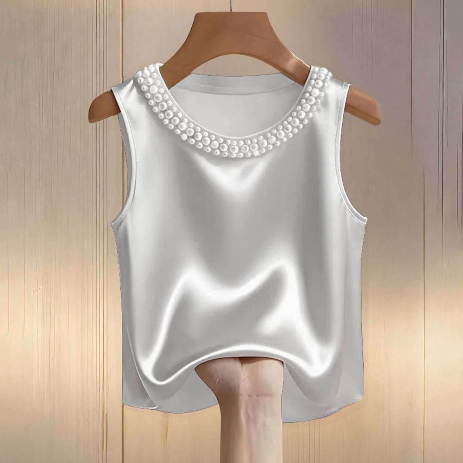 Camiseta de manga corta para mujer, de satén, sin mangas, cuello redondo, informal, para salir, con estampado
