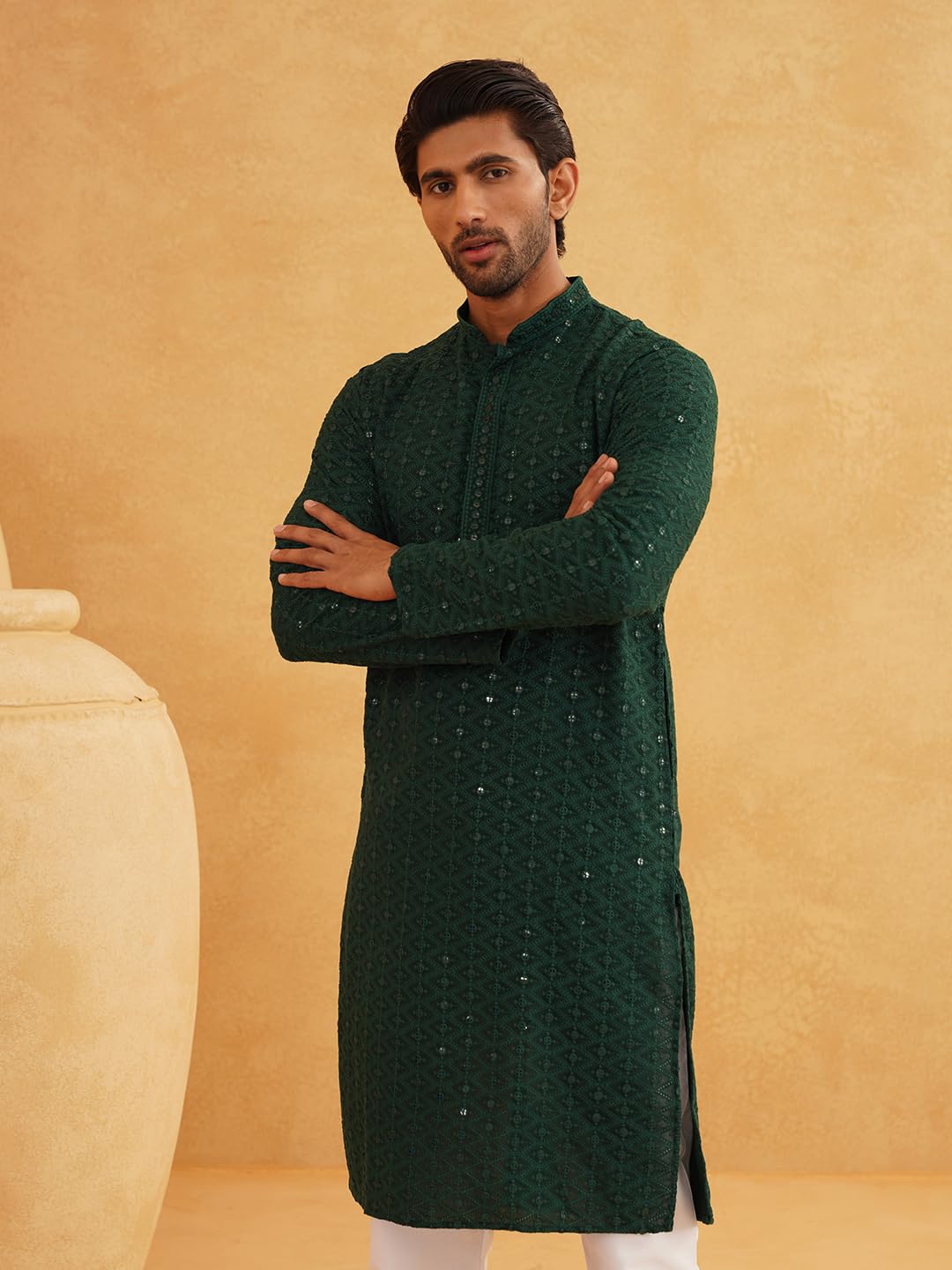 Sojanya (Since 1958 Men's Pure Cotton Green Embroidered Sequined Kurta