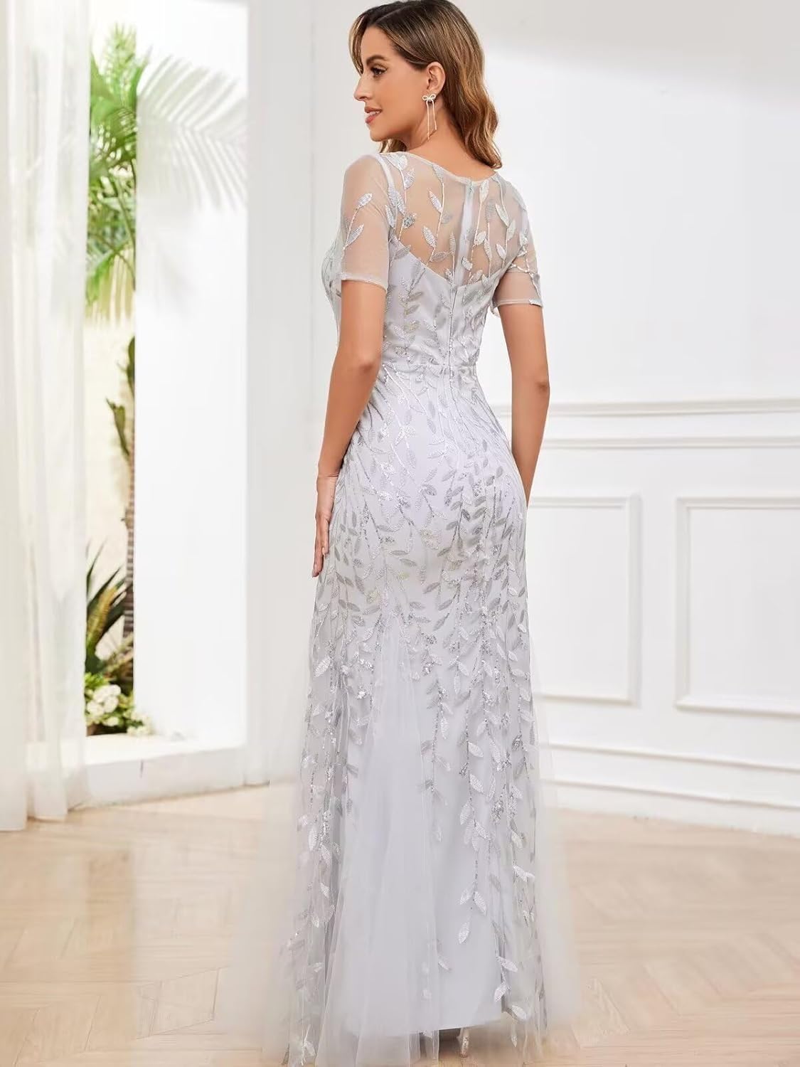 Sequin Mother of The Bride Dresses for Women Long Mermaid Tulle Formal Wedding Guest Dresses with Sleeves - Image 3