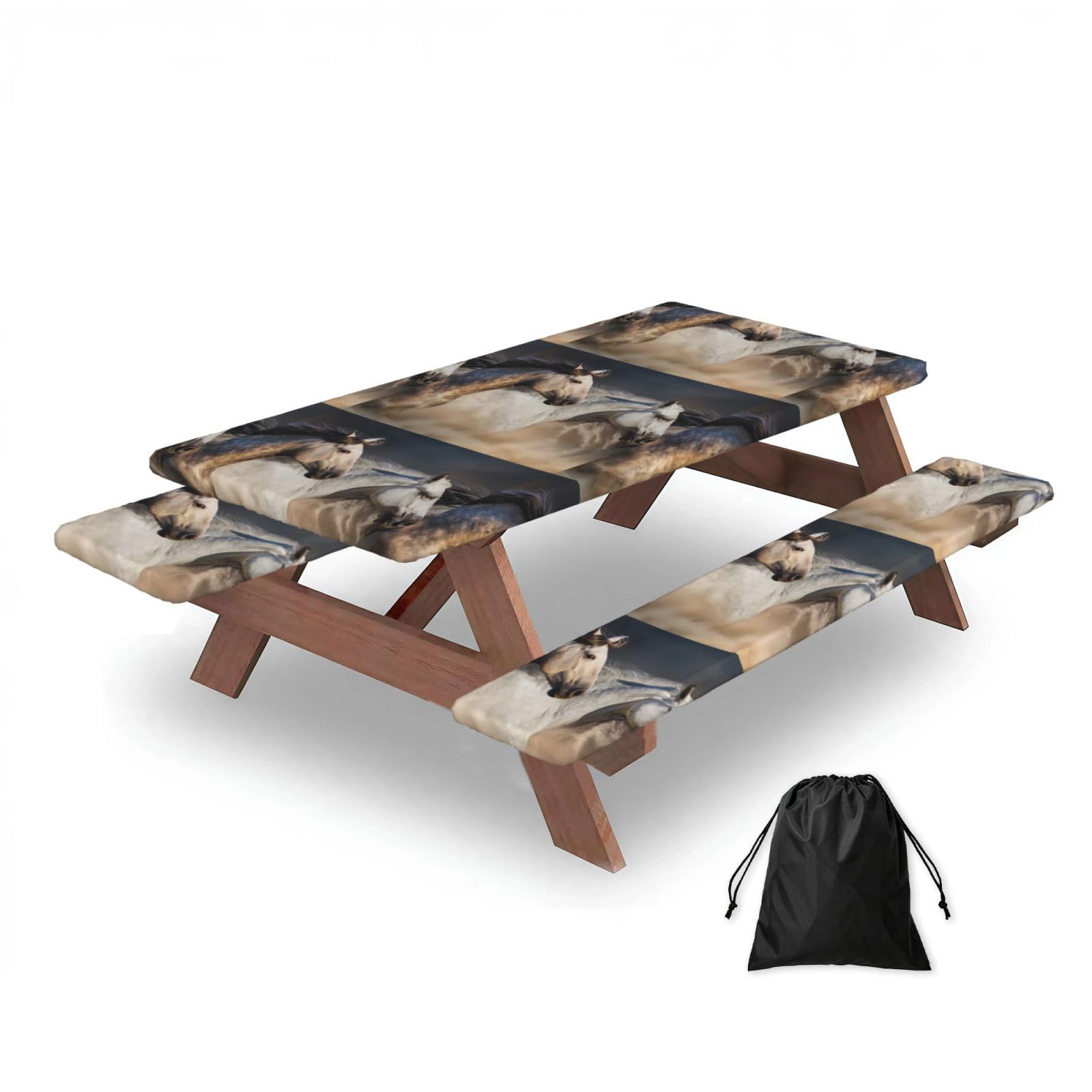 Dopklna As Picture Wild Horse Picture, Picnic Table Cover With Bench Covers -Waterproof Elastic Fitted Tablecloth For Garden Camping Patio 76X152cm