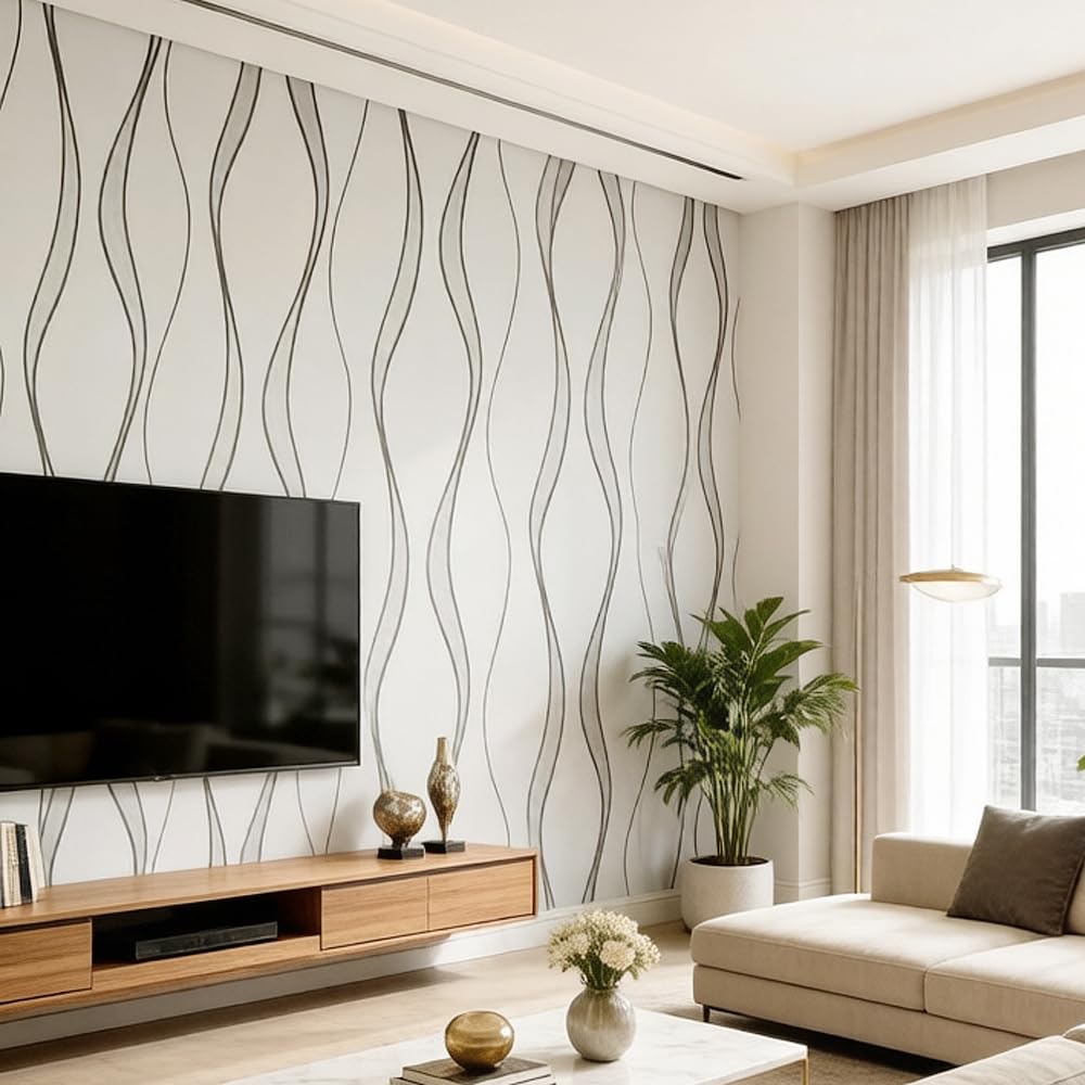 prior.choice 9.5X0.53M Modern Abstract Gloss Stripes Non-Woven Wallpaper Roll for Bedroom Livingroom 1.73' W x 31.2' L=5.035㎡ (54sq.ft) (Cream White)