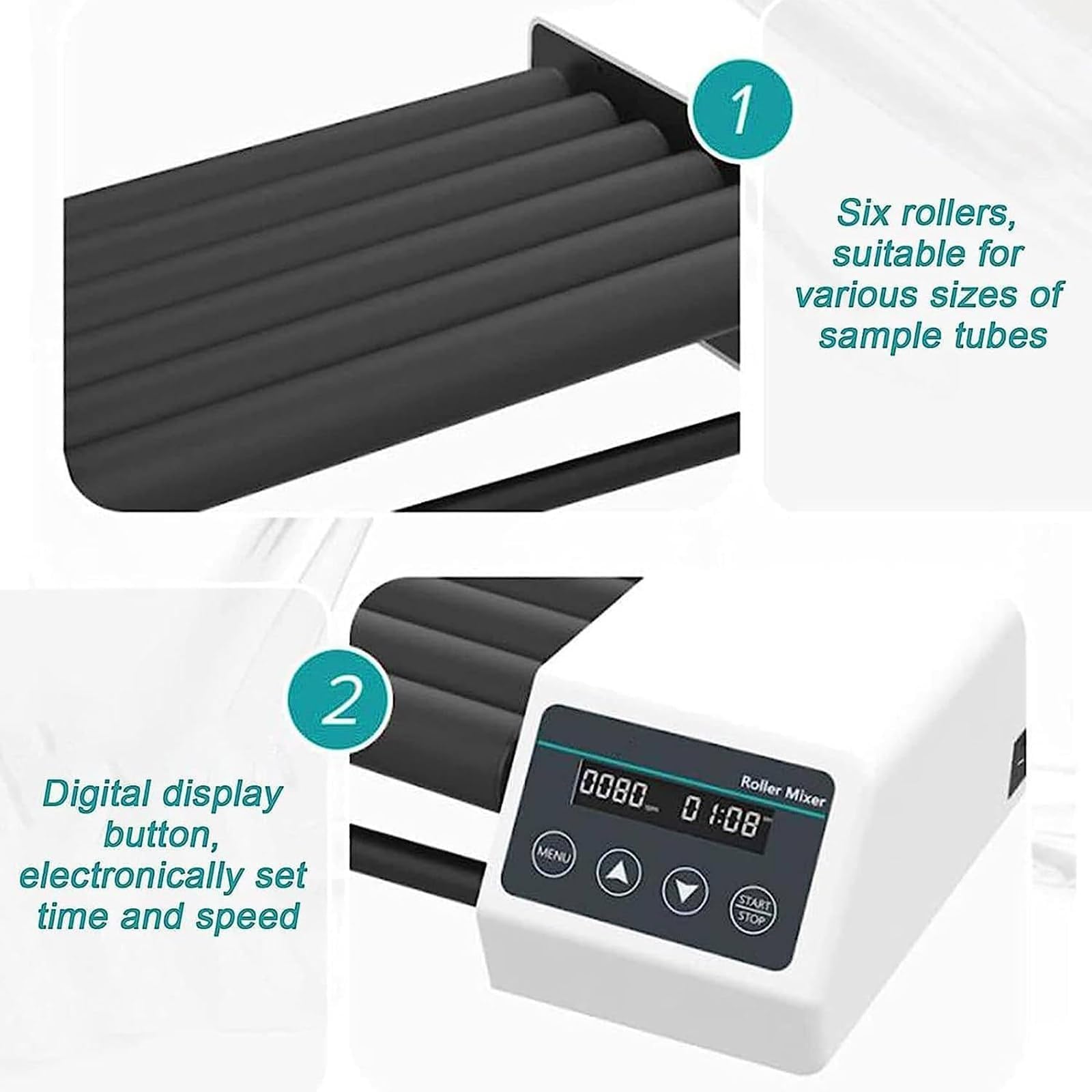 Mezclador orbital digital con motor sin escobillas, modos de balanceo y rotación, 20-80 RPM, temporizador, capacidad para 10-14 tubos de 50 ml | 6Pro