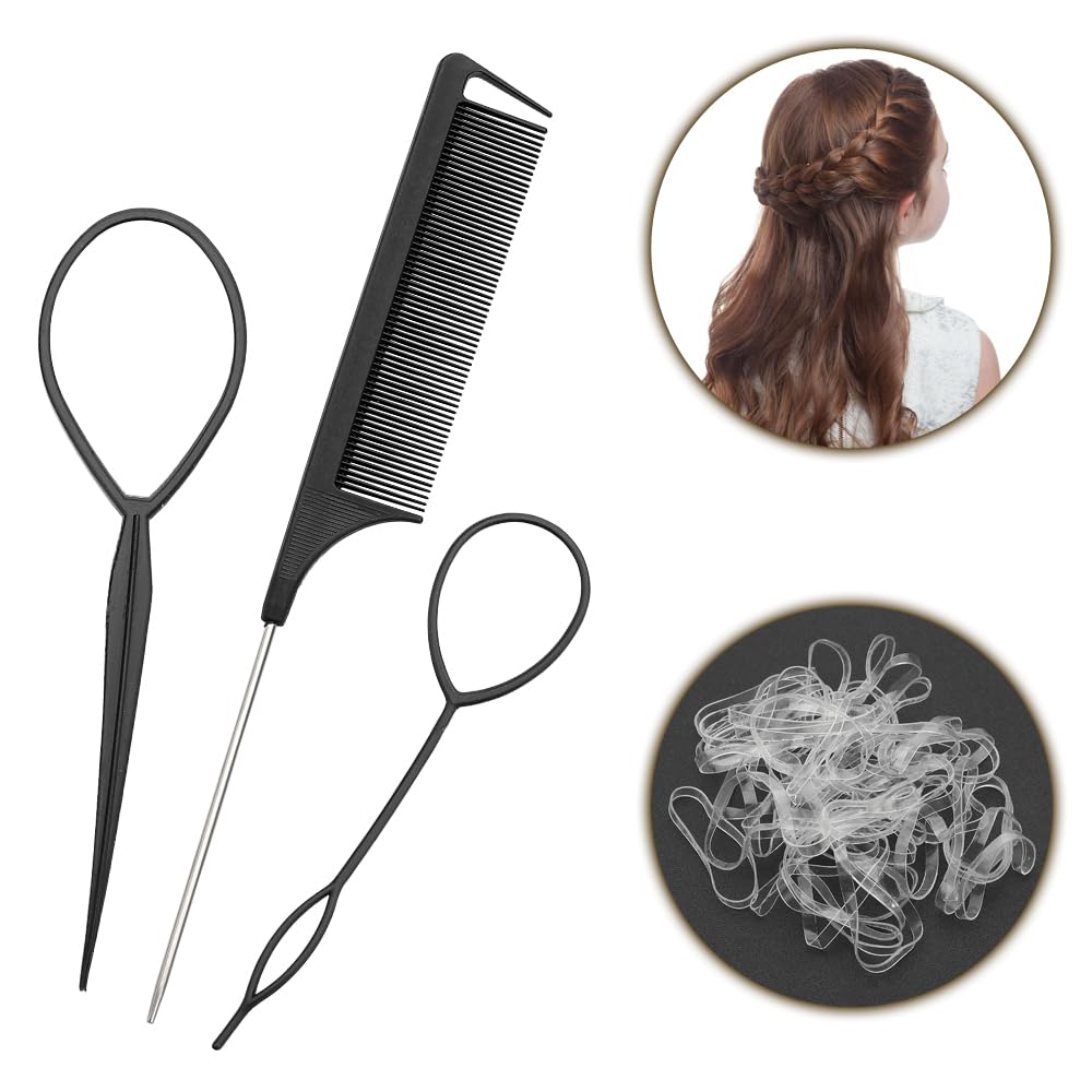 Hair Braiding Tool Rat Tail Comb French Braid Accessories Pony Metal Pin - Parting looping Elastic ties Girls Gift Set By HY DOT, Black Braiding Tools