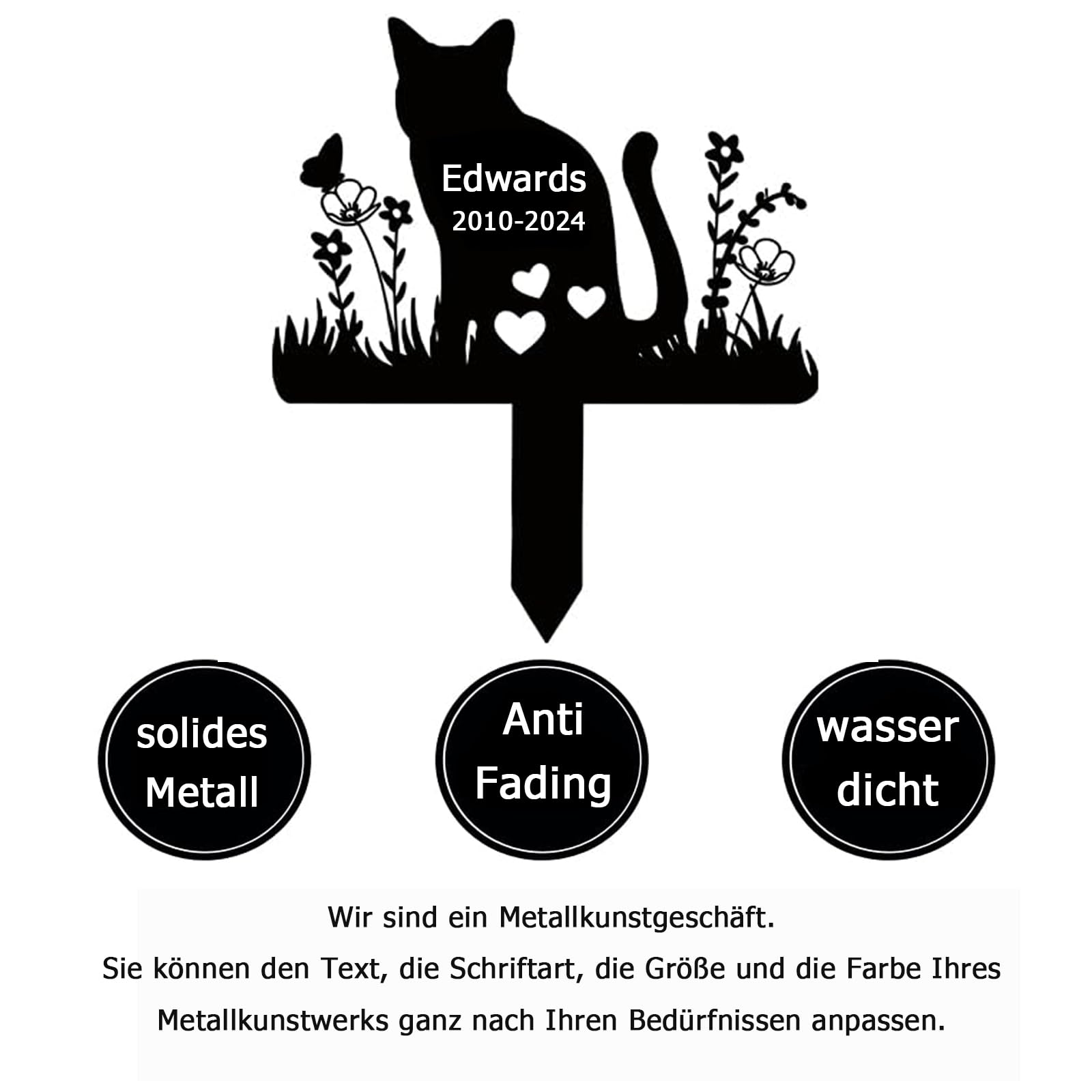 BeNsil Grabstein Katze für Draußen,Tier Grabstein Katze,Design Gedenkstandbild Gedenktafel mit Gravur Fotogravur, Design Edelstahl Grabstecker Katzenfigur