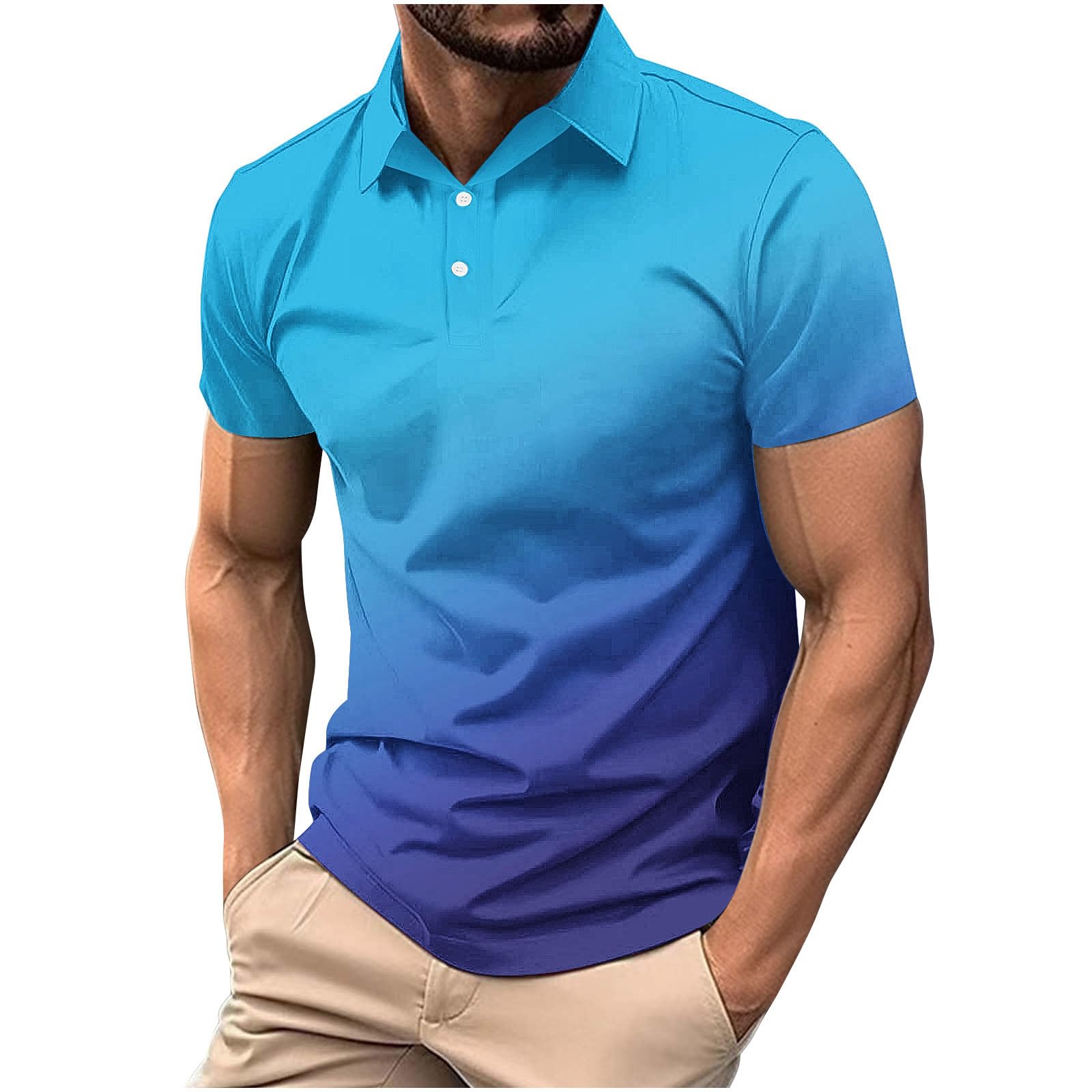 Mens Polo Shirts Short Sleeve Gradient Color Gym Workout Golf T-Shirt Casual Fashion V Neck Button Down Tops 2025