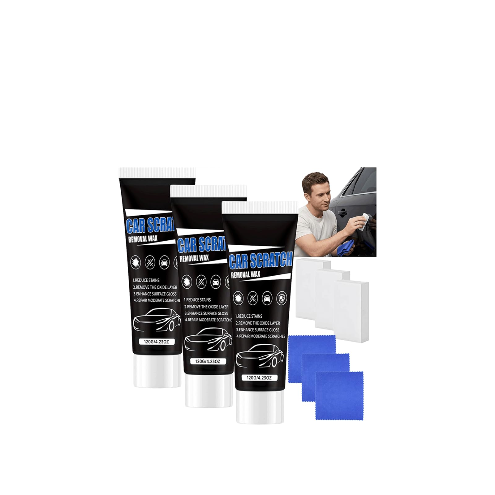 Car Scratch Repair Paste Wax Kit - Universal Car Paint Scratch Repair Polish & Surface Restoration Paste, Quick Restore Shine & Color, DIY Hand Polishing mit Schwamm & Handtuch, (3 STÜCKE)