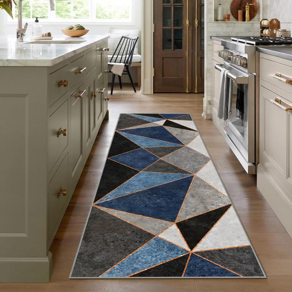 Tappeto Passatoia per Casa, Antiscivolo e Lavabile, per Cucina Corridoio Ingresso,Moderno Geometrico Blu, Nero，70 x 400 cm