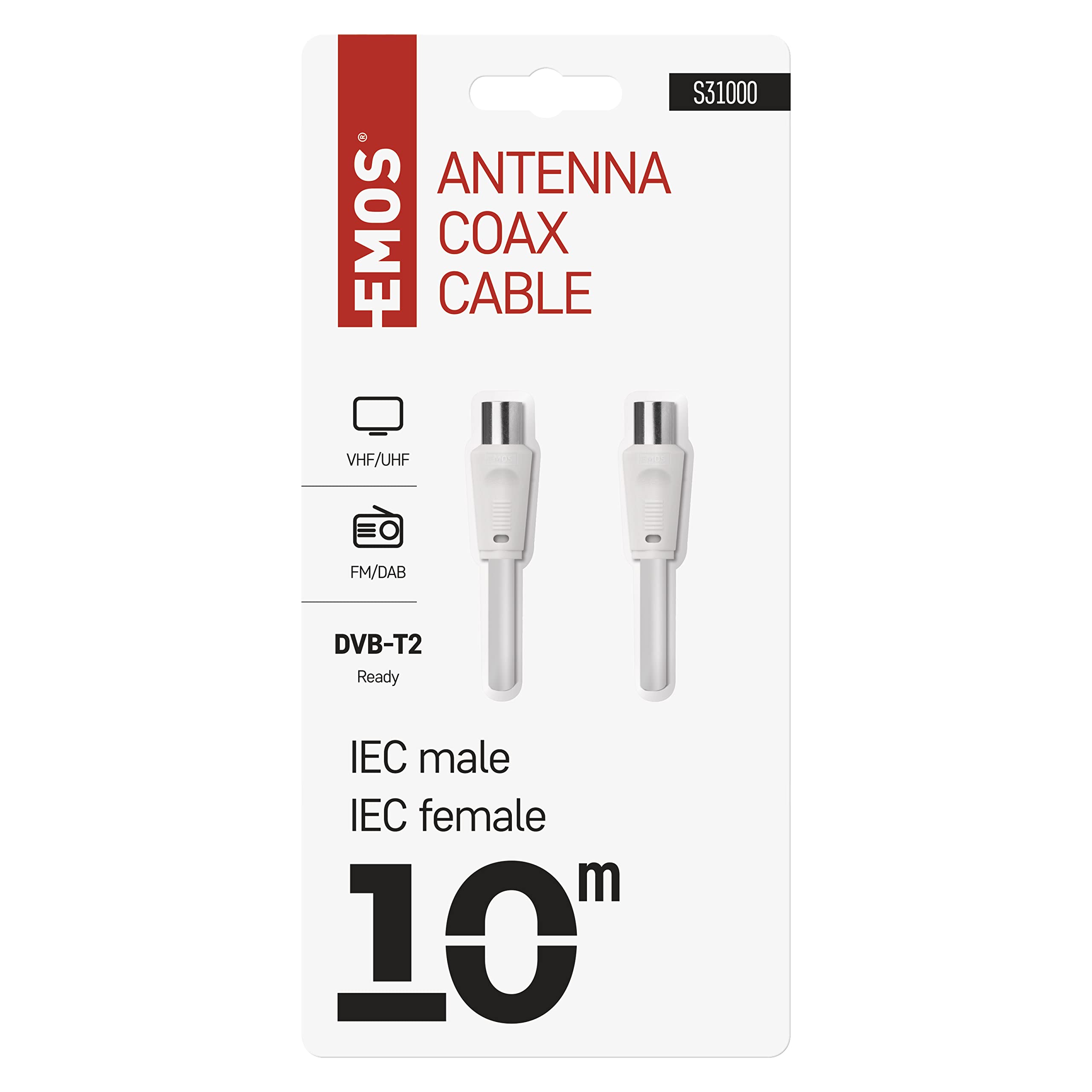 EMOS Cavo Antenna Cavo Coassiale TV Cavo 10m Coassiale per TV Digitale Ricevitore SAT, Doppia Schermatura, Cavo Coassiale Dritto Maschio su Coassiale Dritto Femmina