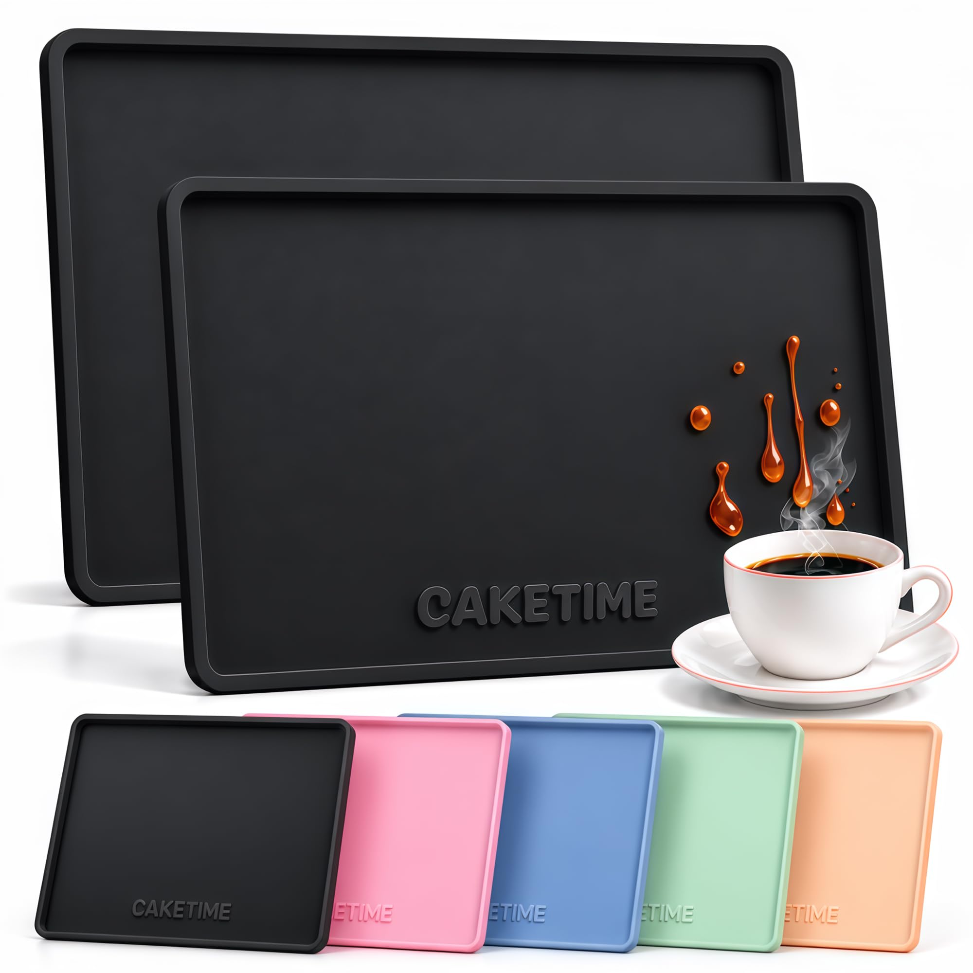 Caketime 2 Pack Silicone Coffee Mat Dish Drying Mat for Kitchen Countertop Waterproof Under Sink Rack Shower Caddy Home Bar Apartment Office Essentials Espresso Station Machine Supplies Must Have