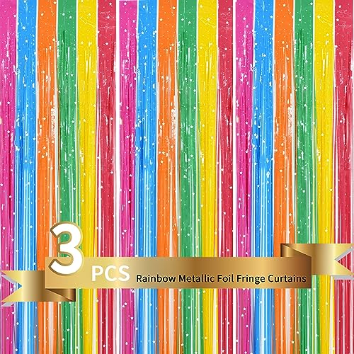 Image of TONIFUL 3Pcs Colorful Door Streamers,Photo Booth Backdrop Metallic Colorful Foil Fringe Curtains for Halloween Birthday,Christmas,New Year,Bachelorette,Grad Party Streamers Decor(9.9ft x 6.6ft)