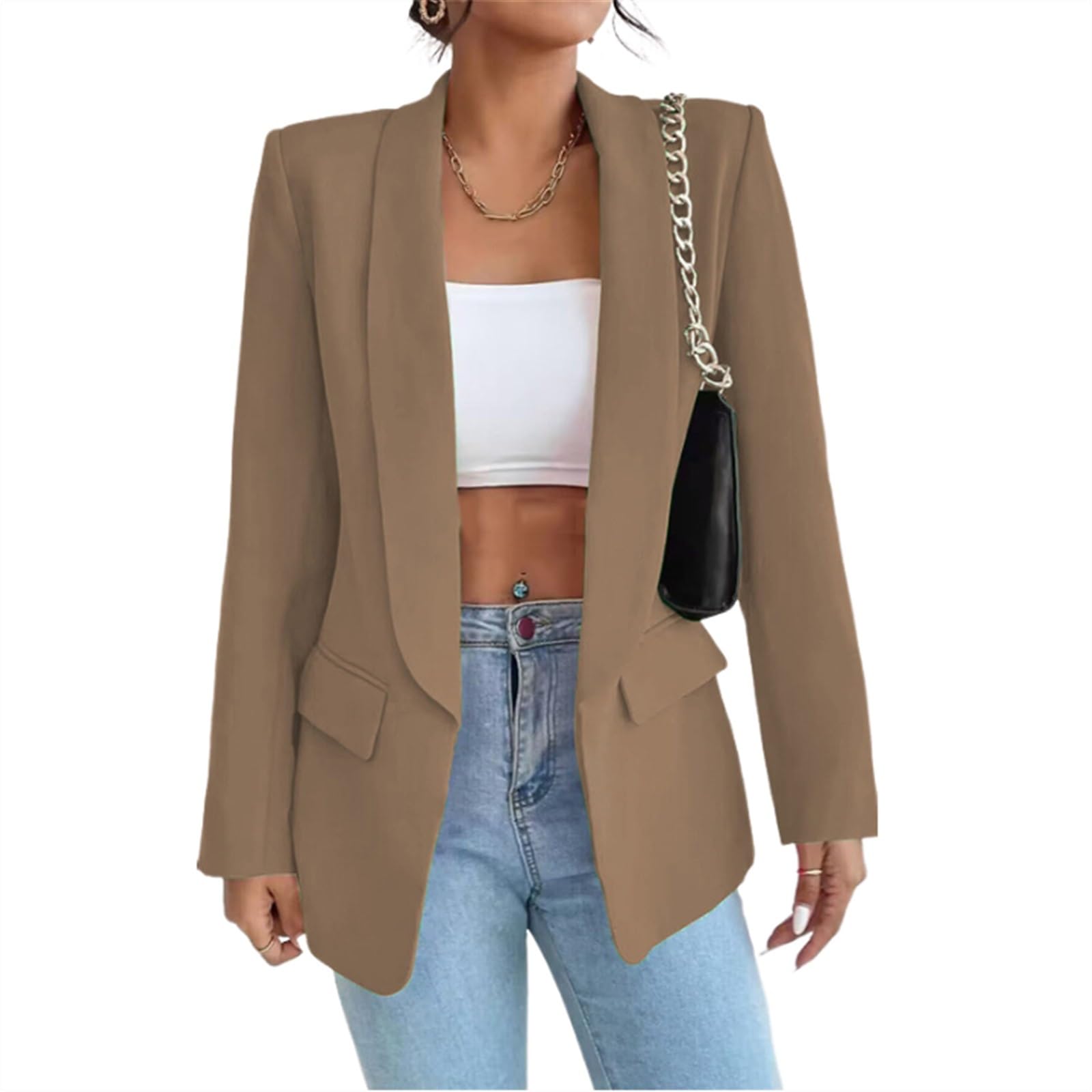 GeRRiT Women's Suit Sporty Elegant with Pockets Lapels Suit Jacket Open Front Cardigan Plain Slim Business Long Sleeve Office Jacket Chic Blazer for Wedding (Color : Khaki, Size : S)