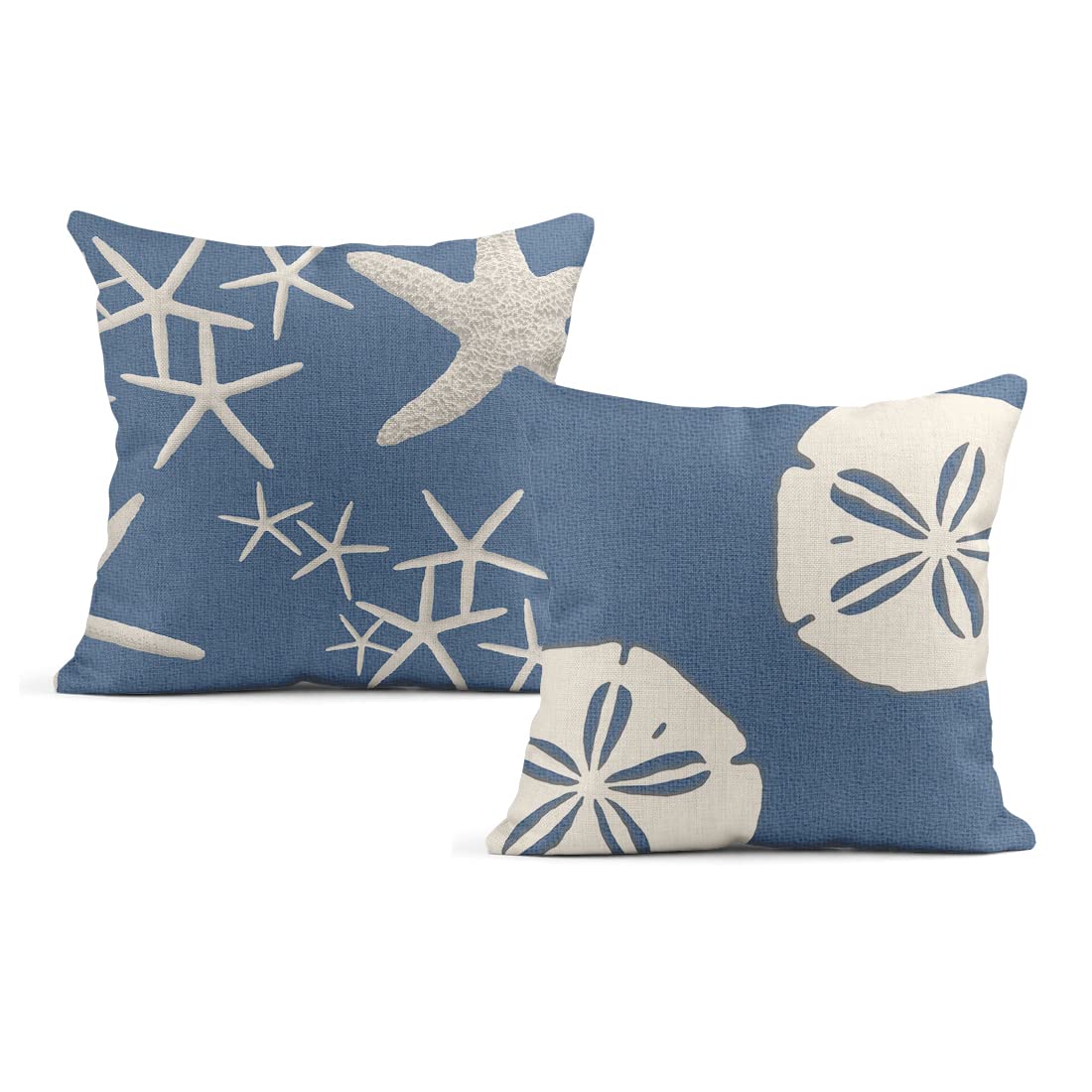HODKHNO Linen Throw Pillow Covers Set of 2, Denim Blue Sand Dollars Starfish Home Decorative Pillowcases Cushion Case Covers for Couch Bed Sofa 18x18