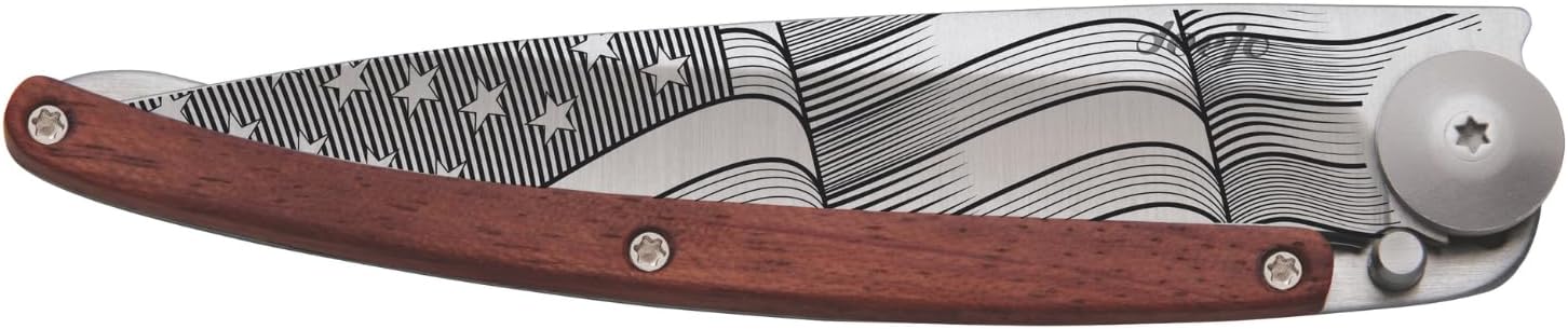 deejo - 37G Folding Pocket Knife with Belt Clip - Stars & Stripes Design, 3.7-Inch Stainless Steel Blade, Coral Wood Handle - Lightweight Everyday Carry for Home, Work, and Outdoor Use