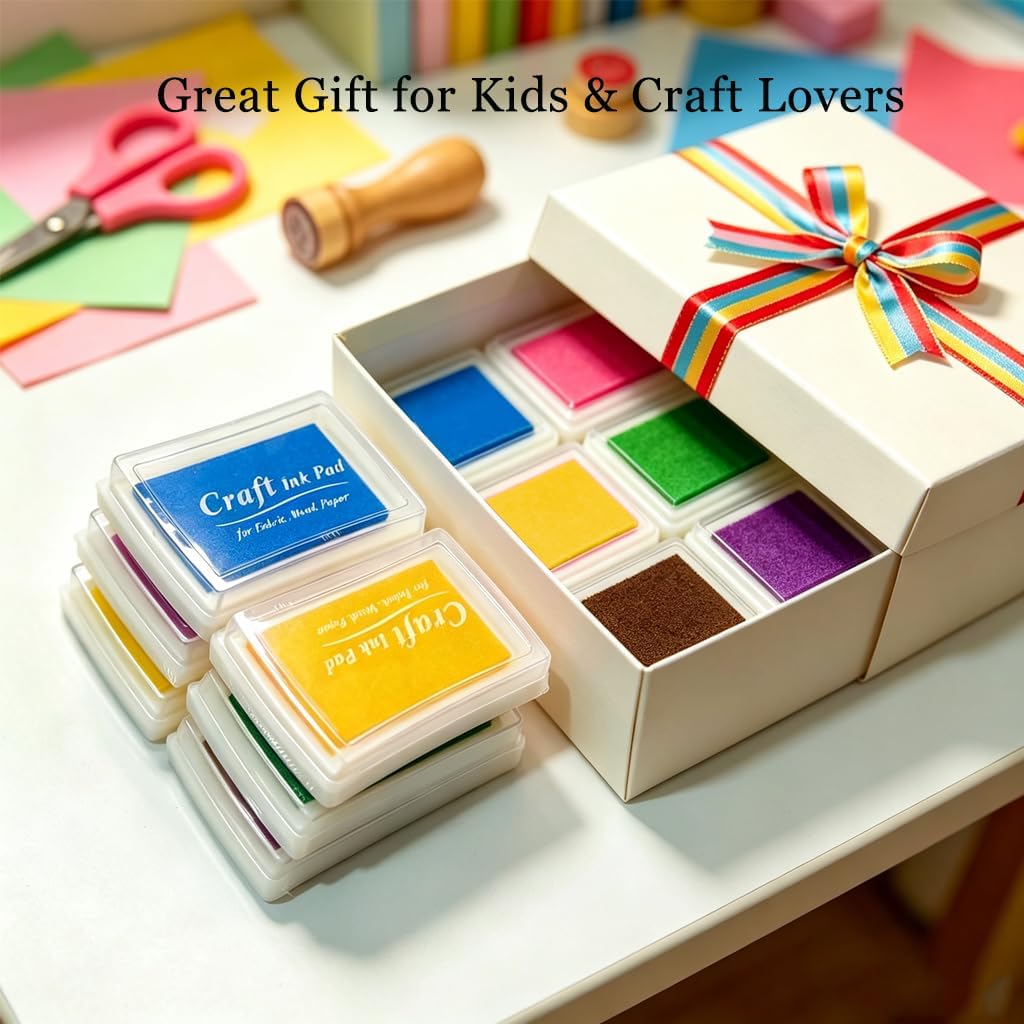 6 Pcs Craft Ink Pad, Washable Ink Pads for Kids Multicolor Stamp Pads for Rubber Stamps, Paper, Wood Fabric, Scrapbooking, 6 Unique Pure Colors