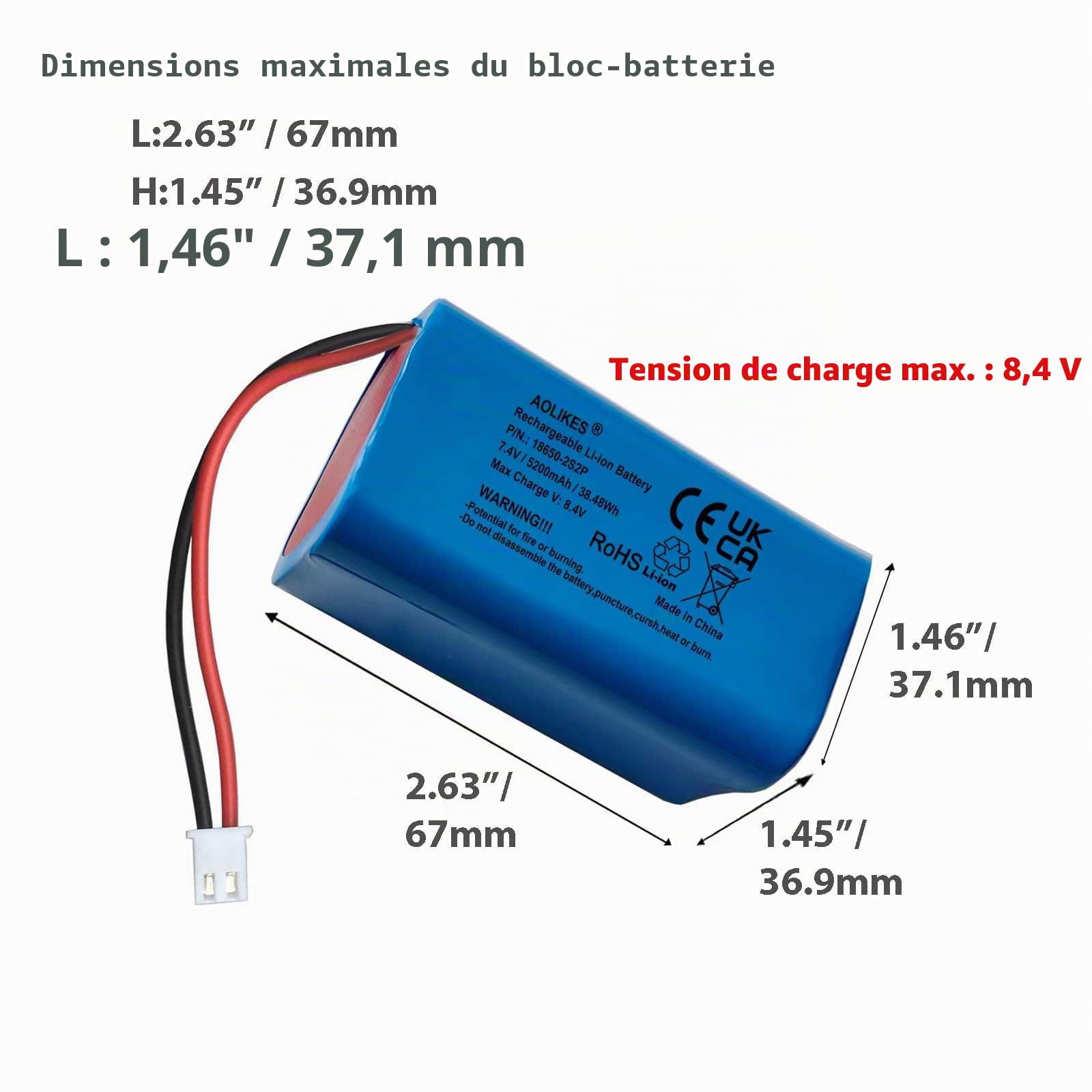 Batterie lithium-ion rechargeable 7,4 V 5200 mAh avec connecteurs XH2.54/2P, batteries 18650, batterie Li-ion 2S2P, prend en charge la décharge continue 3C