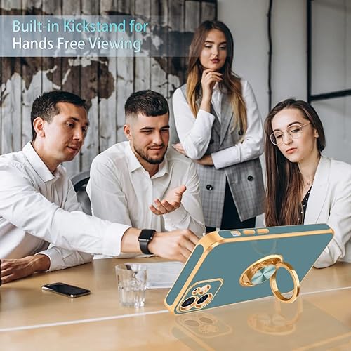 Miniatura 3 de Fingic Funda para iPhone 12 iPhone 12 con soporte de anillo soporte magnético de anillo giratorio de 360 borde dorado chapado brillante funda