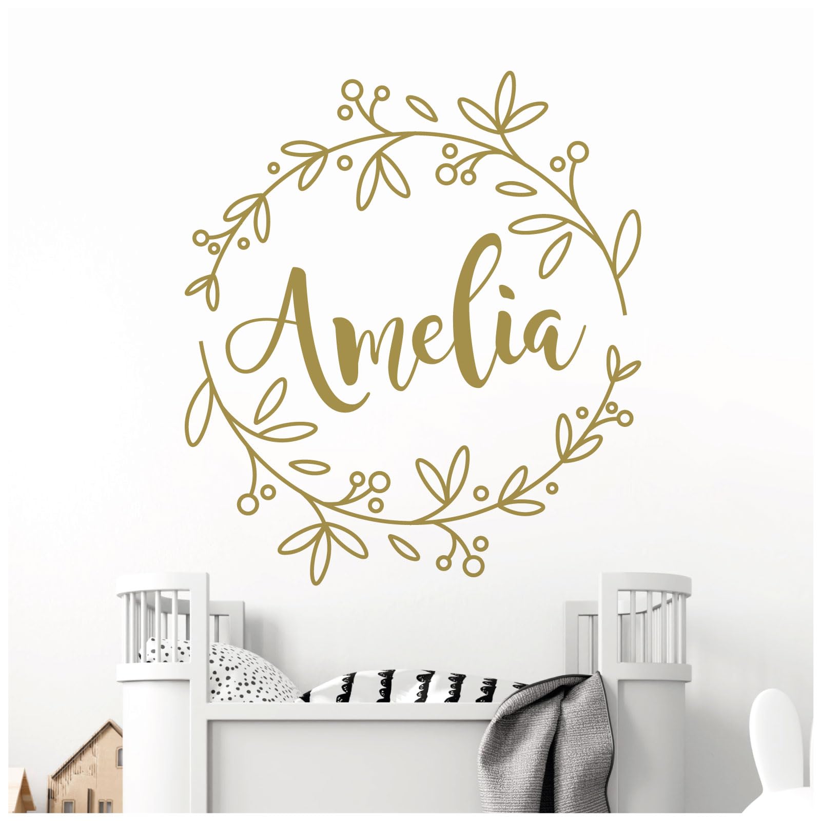 Personalised Name - Floral Wreath - Nursery Vinyl Wall Decal Sticker [Medium] [Gold]