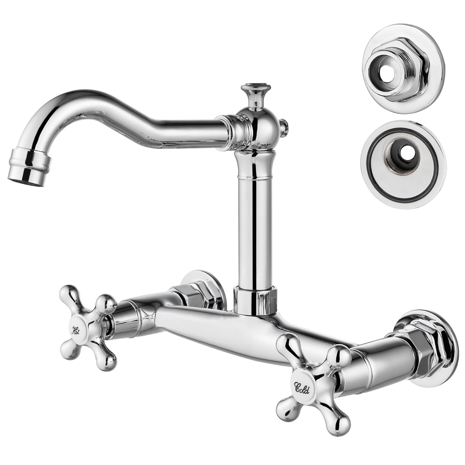 Airuida Wall Mounted 8 Inch Center Kitchen Sink Faucet Commercial Wall Mount Kitchen Tap Double Cross Handles 360 Rotatable Spout for Utility Laundry Restaurant Vintage Spout Chrome Polish