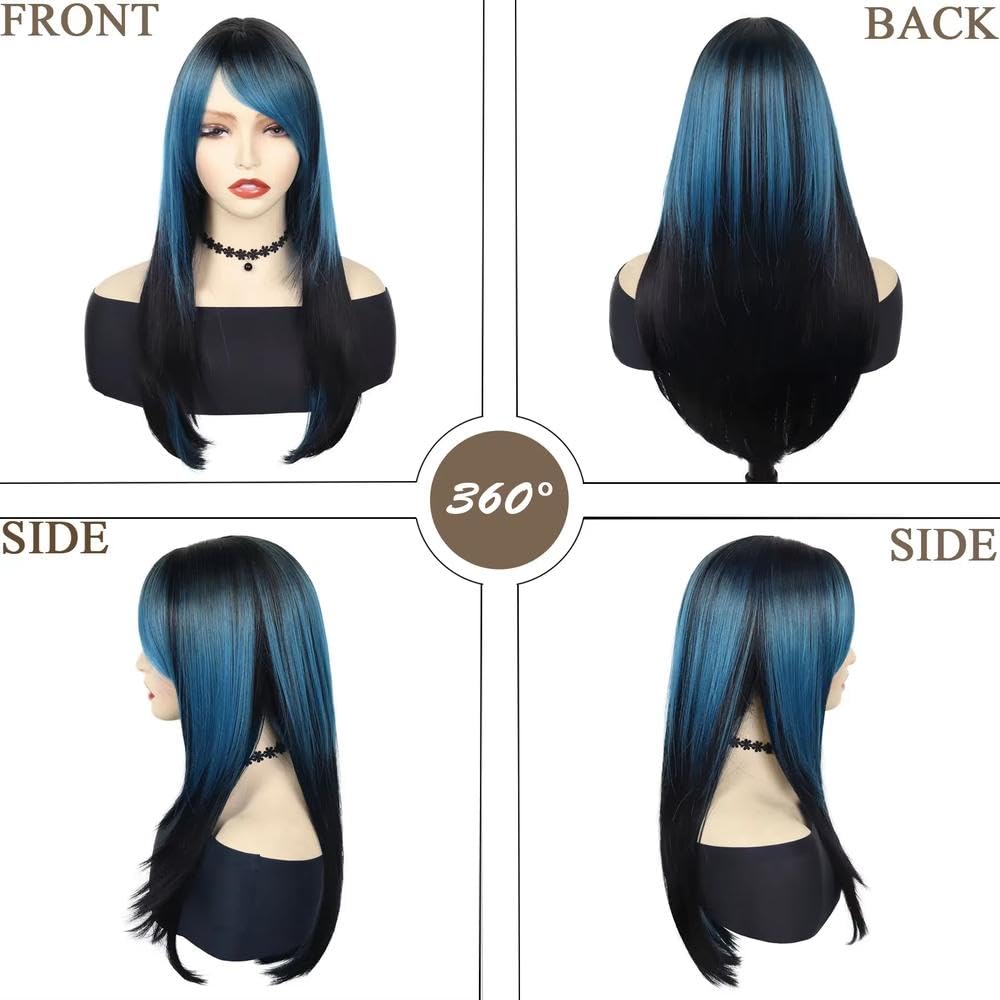 Haarpflege Blau Gemischte Schwarze Lange Gerade Perücke Für Frauen Cosplay Party Perücken(Blue Mixed Black)