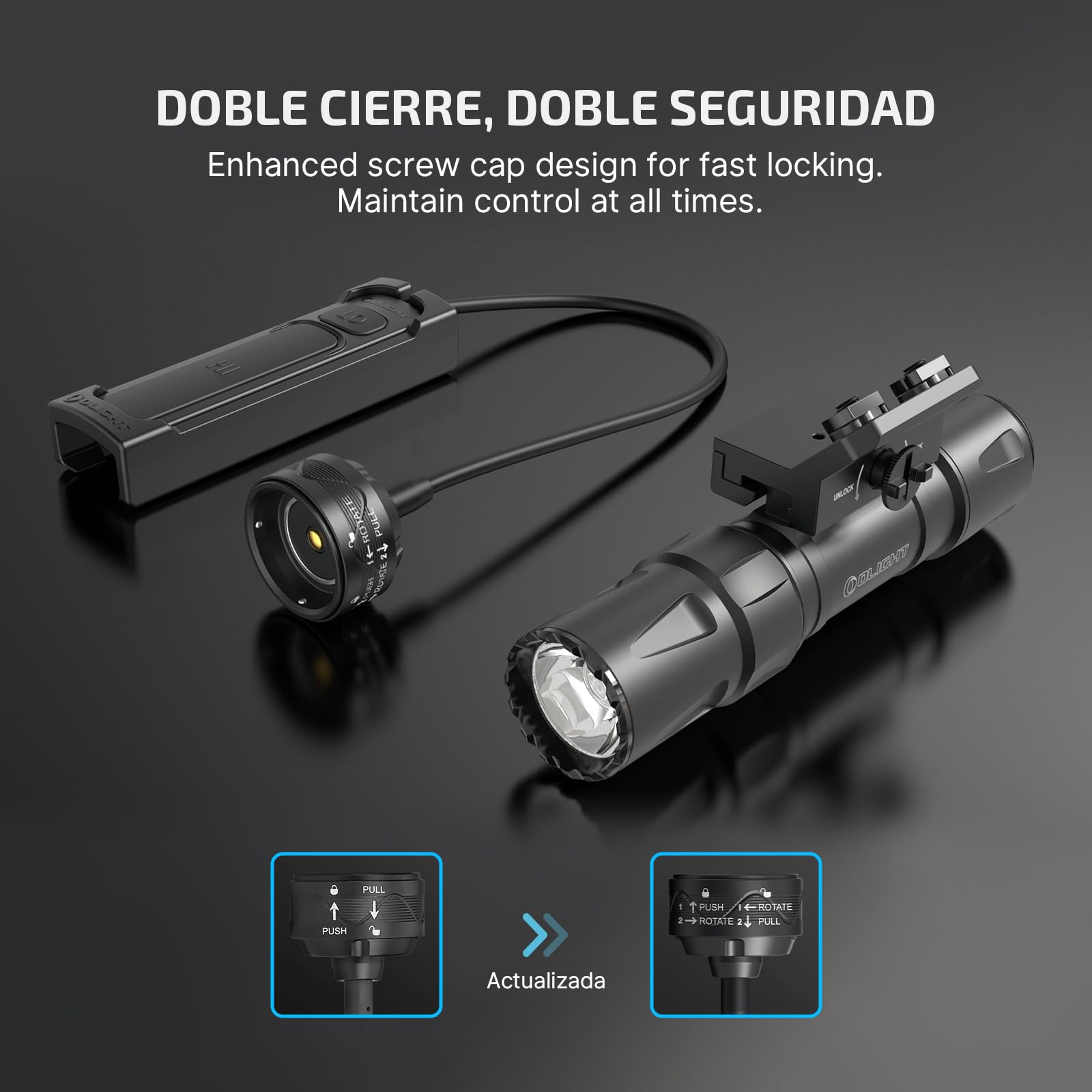 OLIGHT Odin S Linterna Táctica Potente Recargable Adaptación de Picatinny 1500 Lúmenes 250 Metros con Interruptor de Presión Remoto Mejorado IPX8 (Negro)