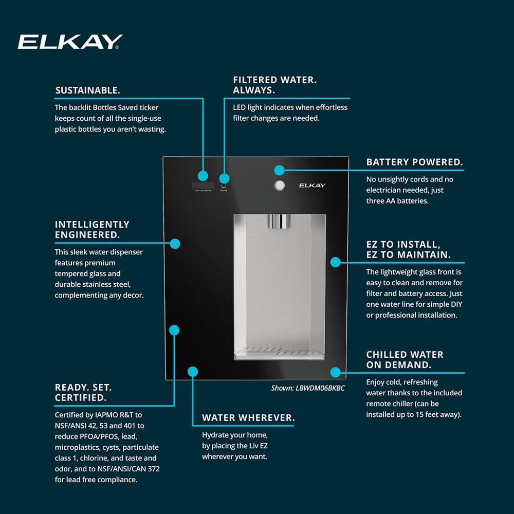 Elkay Liv EZ LBWDM06BKBC - Distributore di acqua filtrato da parete, alimentato a batteria, certificato NSF, pulsante, riduce piombo e PFA, nero notte, refrigerato, ideale per la casa