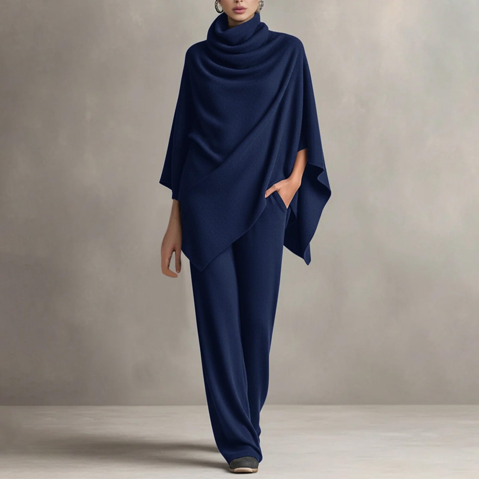 Jogginganzug Damen Winter Damen Rollkragen Cape Mantel Oberteil mit Langer Hose Elegantes Zweiteiler Set