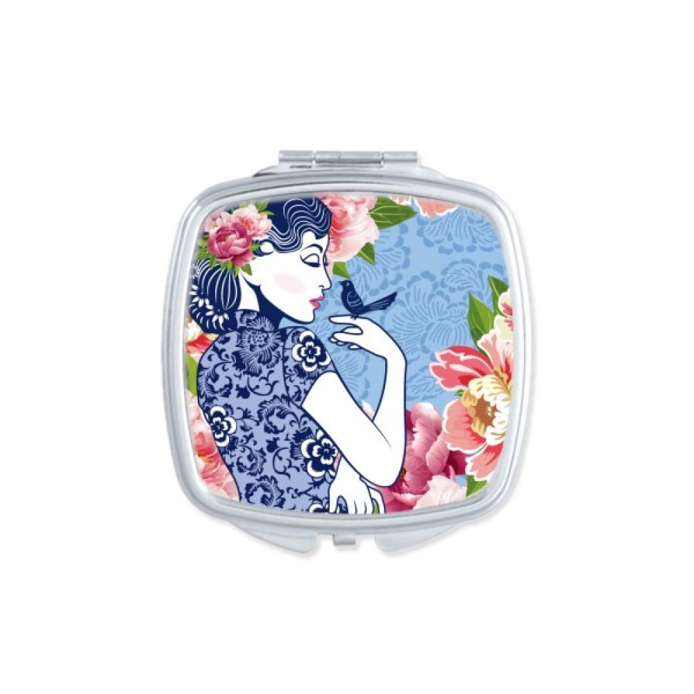 Miroir compact culture chinoise fleur bleue idéal pour votre sac à main