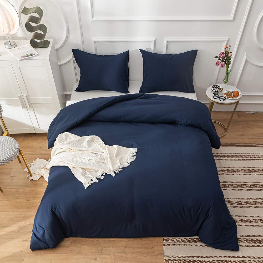 Marineblaues Kariertes Bettdecken-Set – Cal King Size, 3-teilig, Mikrofaser, Inkl. 2 Kissenbezüge