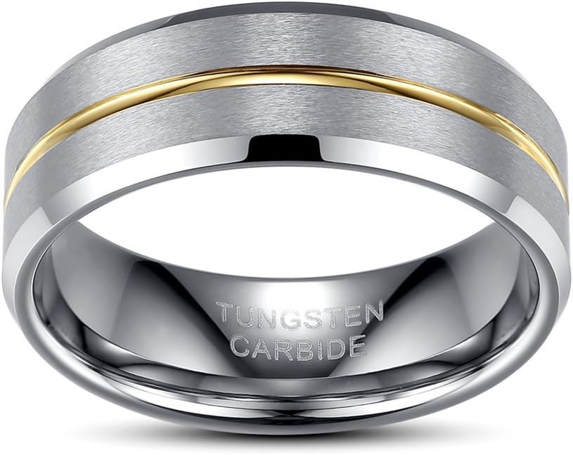 Mens Womens 8mm Tungsten Carbide 18k Gold Groove Wedding Jewellery Ring Engagement Band Matte Finish Comfort Fit