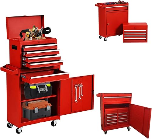 Caja de herramientas con 5 cajones y ruedas, caja de herramientas extraíble mecánica, organizador resistente con sistema de bloqueo, caja de
