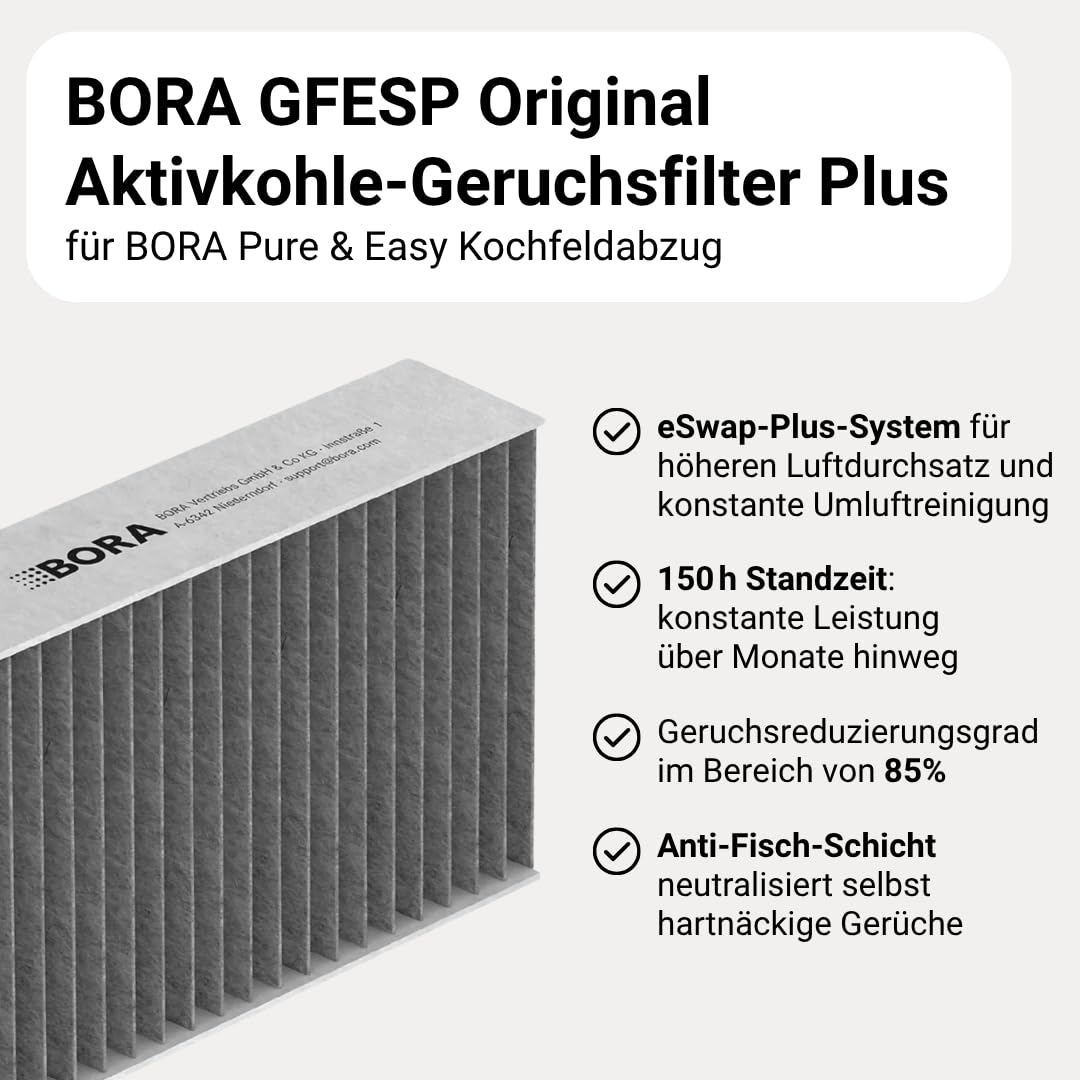 BORA GFESP oryginalny filtr zapachów z węglem aktywnym, do BORA Pure & Easy do wyciągu z płyty kuchennej, filtr zamienny, filtr obiegowy, redukcja zapachu, wymiana filtra bez użycia narzędzi, czas