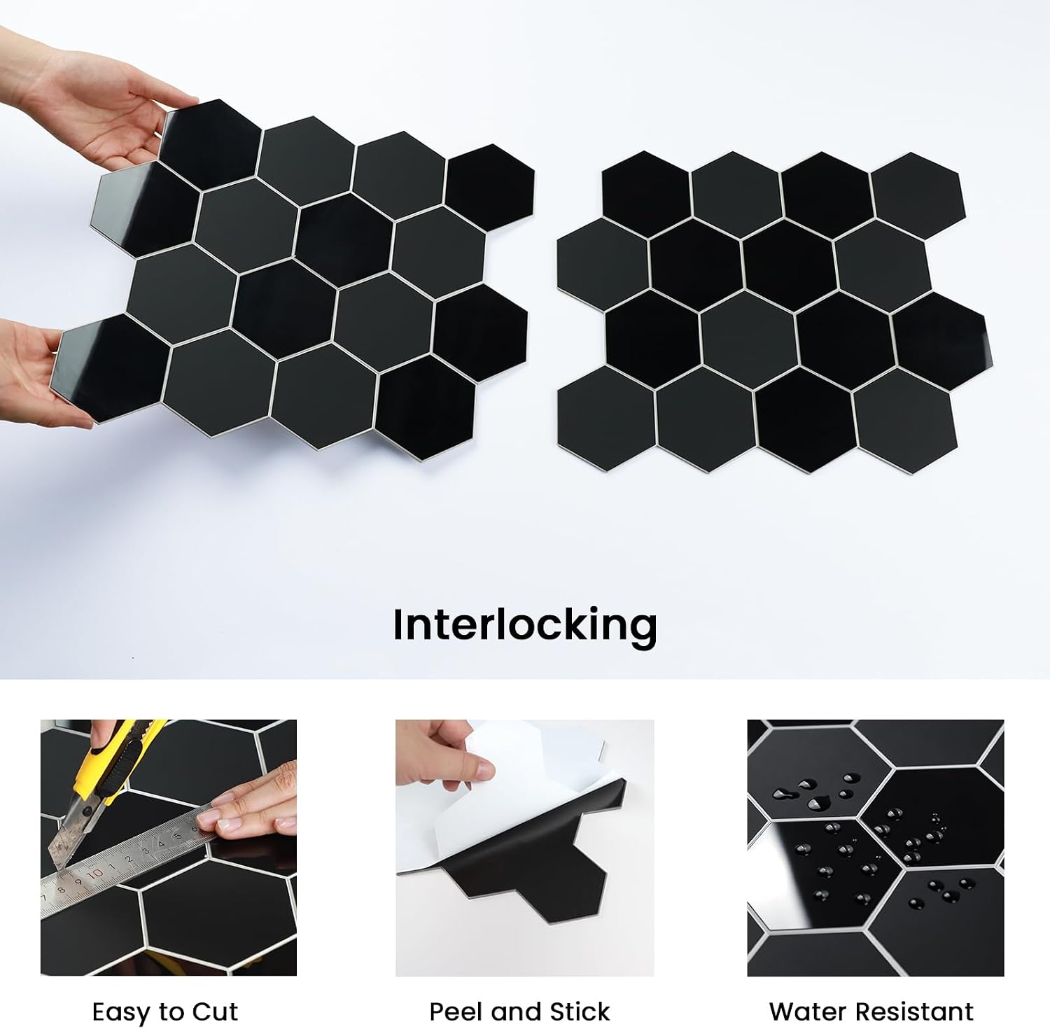 Black Peel and Stick Backsplash Hexagon Tile, 6-Sheet