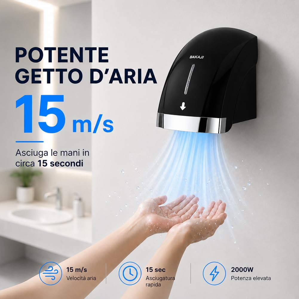 BAKAJI Secador de manos automático eléctrico de pared para hoteles, baños públicos, restaurantes, secador de manos de aire caliente de pared con sensor fotocélula, potencia 2000 W, secado de alta