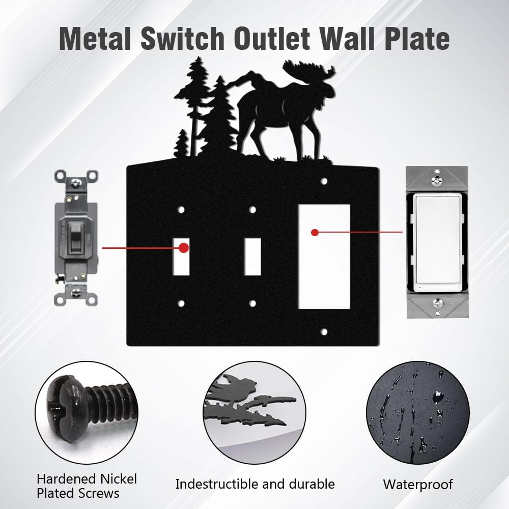 Moose Double Toggle with GFCI Light Switch Covers Wall Plate, Metal Decorative Plates for Bathrooms Kitchen Home Office (Double Toggle With GFCI)