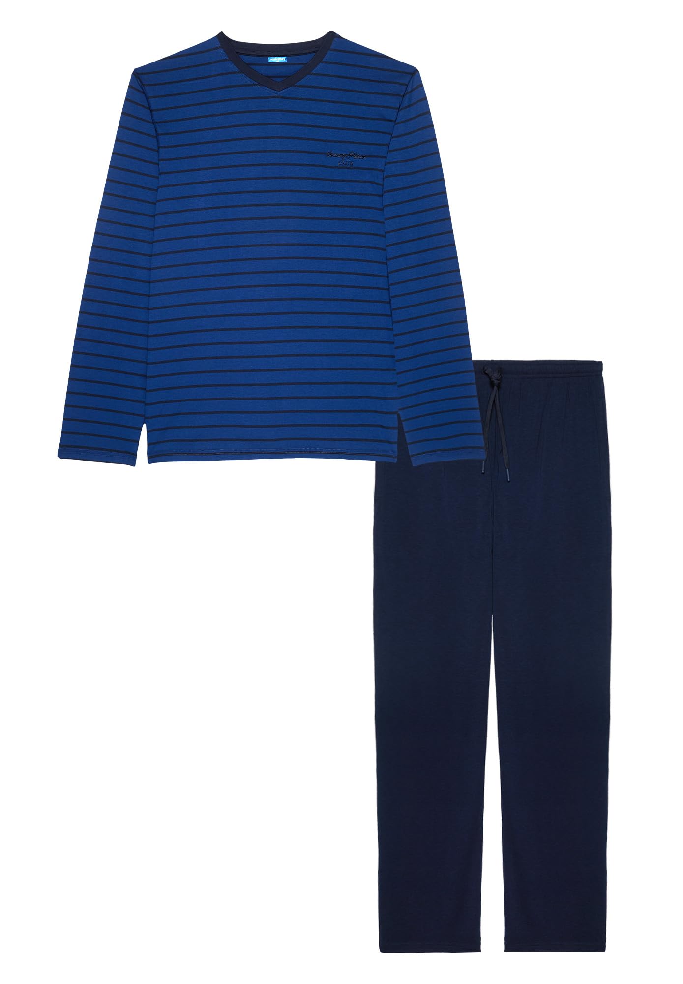 YAMAMAY - Pigiama Lungo, Uomo, Blu e Azzurro, 100% Cotton, Maglia in Jersey Tinto Filo. Pantalone in Tela di Cotone, Righe