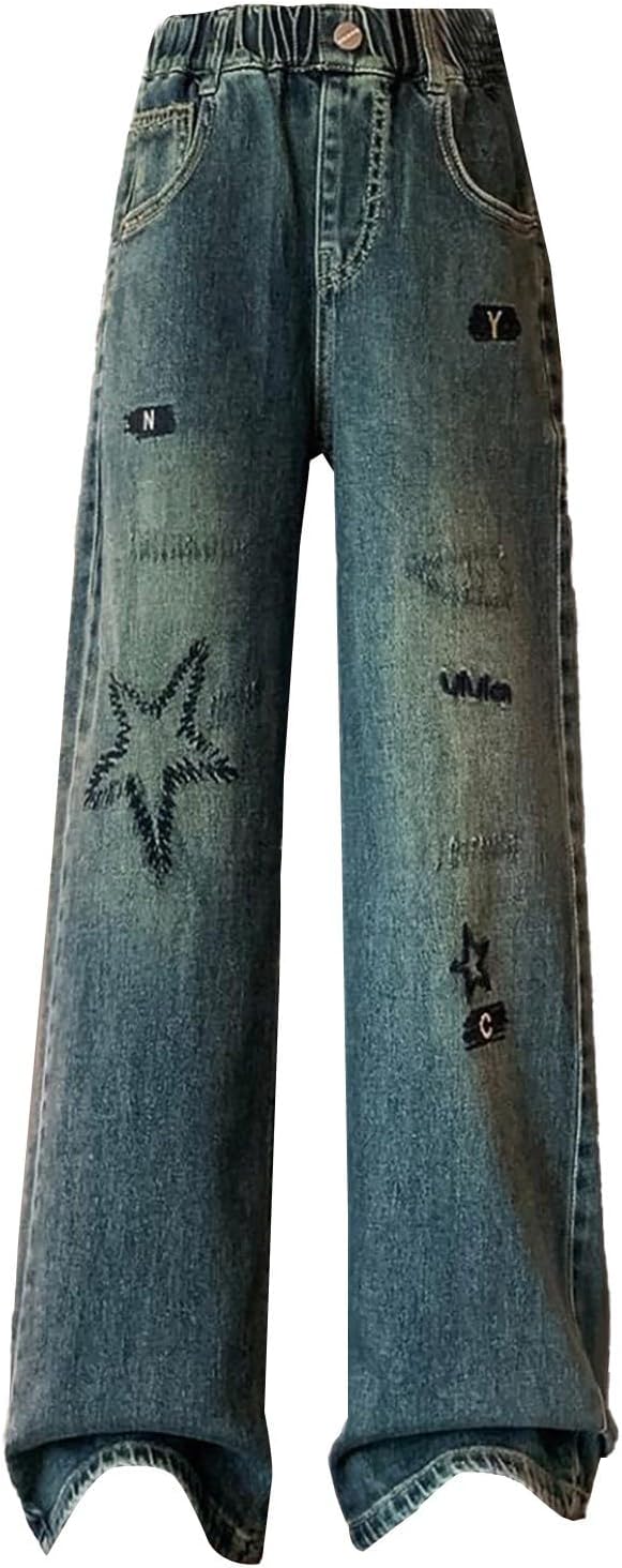 Girls NYC Embroidered Jeans Distressed Denim Pants High Waisted Straight Leg Jeans Tween Star Embroidered Denim Pants