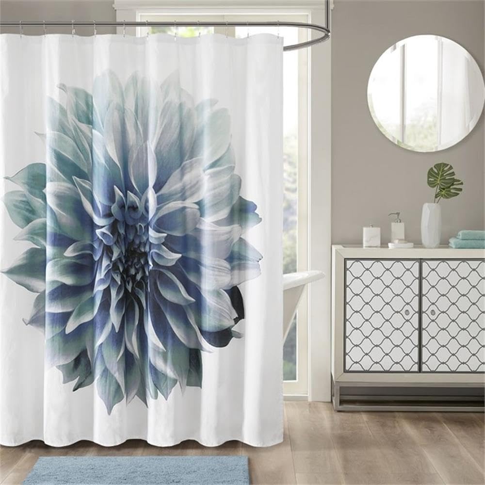 Pemberly Row Contemporary Cotton Printed Shower Curtain in Aqua Blue