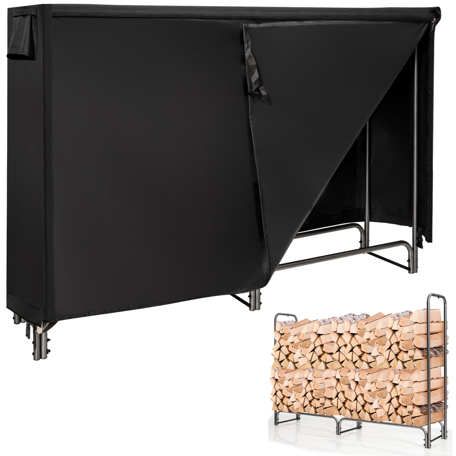 COSTWAY Metalowy regał na drewno kominkowe, 184 x 35,5 x 122,5 cm, regał na drewno opałowe z wodoodporną osłoną, stojak na drewno kominkowe, regał na drewno opałowe do użytku na zewnątrz