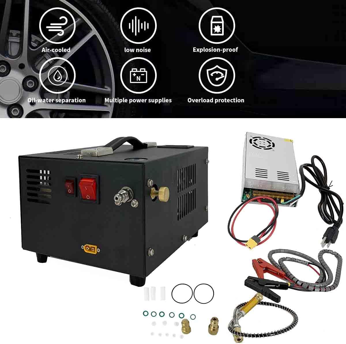 Protable PCP Air Compressor & Transformer Set 30MPa/300Bar/4500PSI，AC110V / DC 12V 300W With Transformer & 8MM Quick Connector Oil-free for Fire Fighting and Diving, Black
