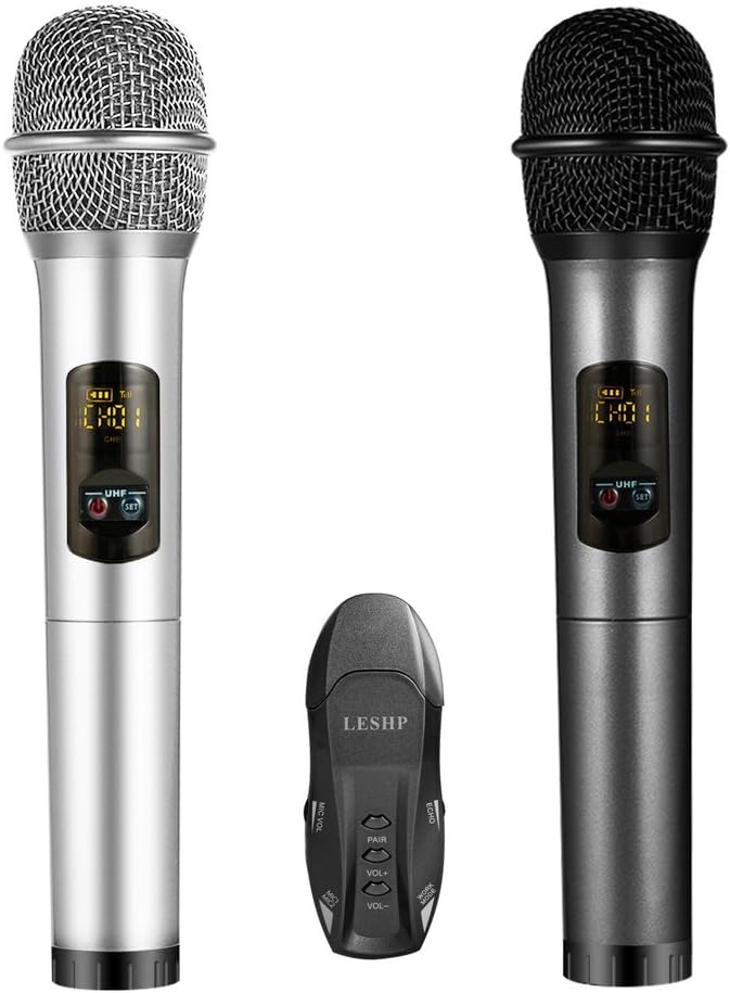 LESHP Dual Wireless Karaoke Microphones Set with Receiver Box, LED Display Various Frequency Full-Metal Microphone Best for Indoor Outdoor PC/TV/Computer Speaker/Power Amplifier Home KTV(Silver+Grey)