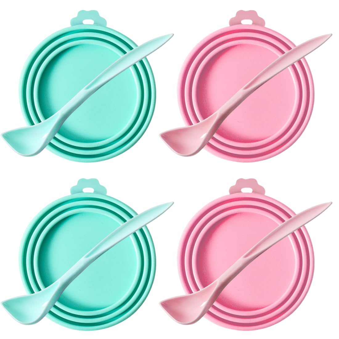 2 Tappi in Silicone per Lattine con 2 Cucchiai, Coperchi Universali per Cibo per Animali, Adatti a 3 Misure Standard (Rosa, Verde)
