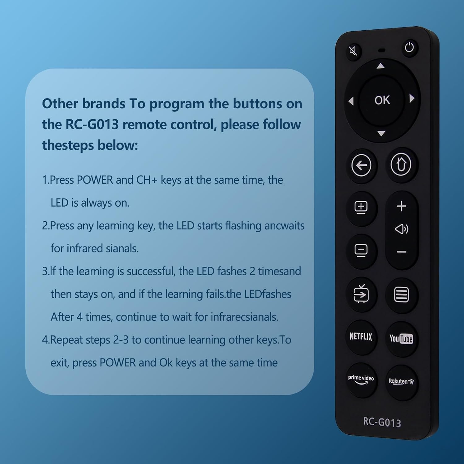 Diagram showing steps for programming the Terloogee UK-RC-G013 remote control