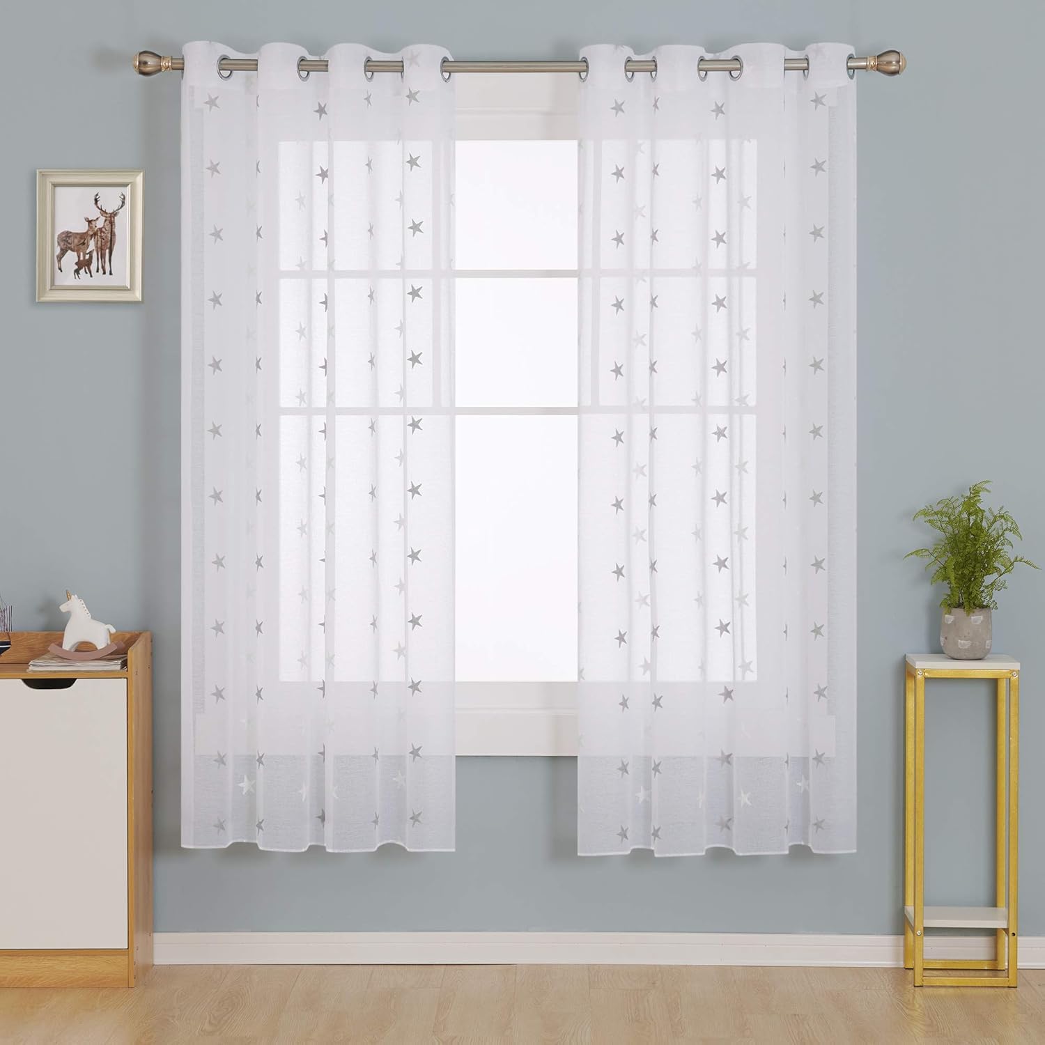 Deconovo Linen Look Embroidered Voile Curtains Star Pattern Sheer Curtains for Kids 55 x 72 Inch Grey Two Panels